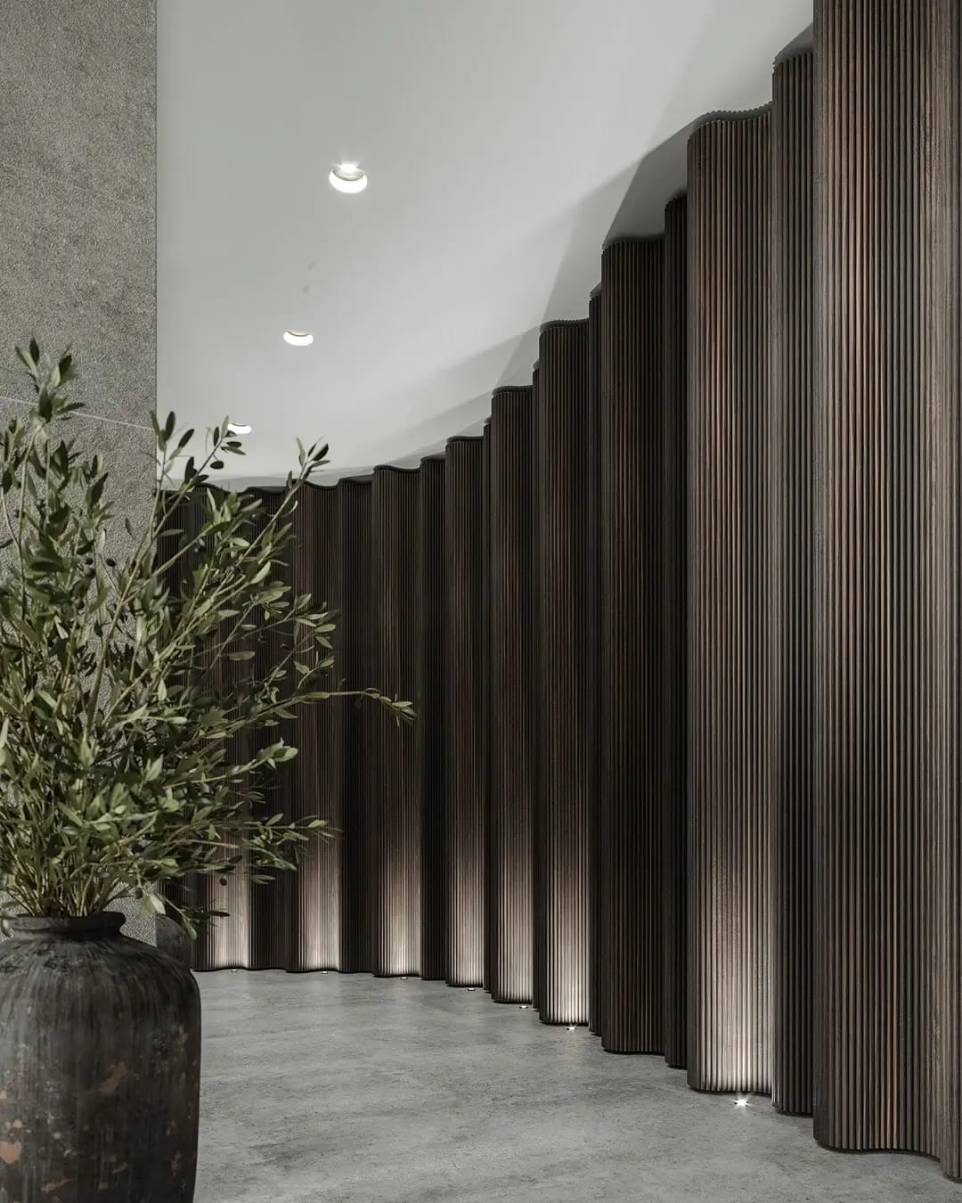 Timber for curves, slats, stairs, and details.